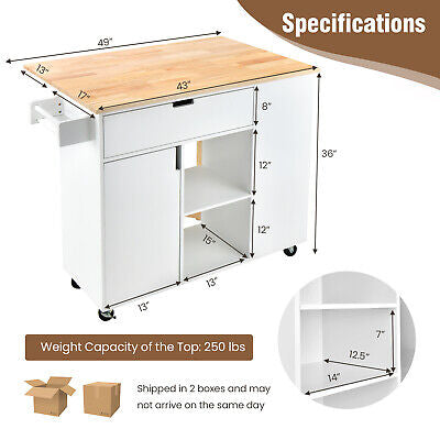 Drop-Leaf Rolling Kitchen Island with Cabinet & Drawer