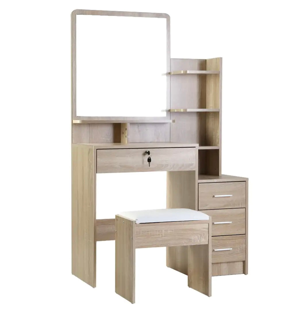 Dressing Table Mirror Stool Set Vanity Storage Desk Oak