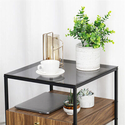 Modern Glass Bedside Table with Drawer & Lower Shelf