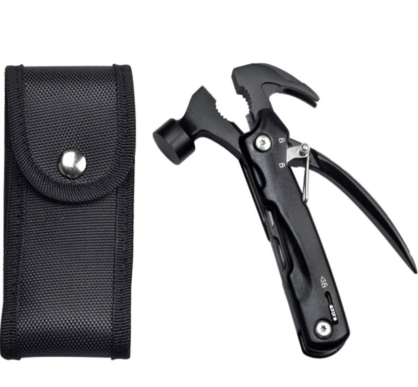 Black Stainless Steel Portable Multipurpose Pocket Size Tool with Anodized Aluminium Handle 7 Functions in 1 with Easy Carry Nylon Pouch for Outdoor Camping Household Car Emergency with Safe Locking