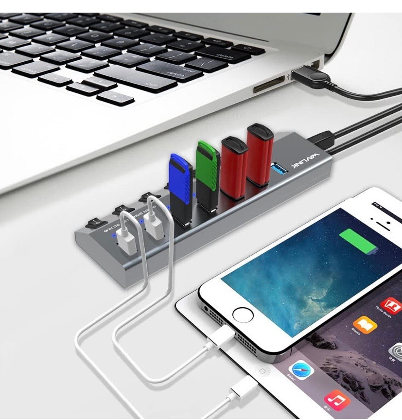 Aluminum BC 1.2 Charging 7 Ports USB 3.0 Hub,Charging Up to 5V/2.4A,Individual LED Power Switches with 48W Power Adapter for MacBook, iPad, PS4,Surface Pro, Mobile,Laptop, HDD and More