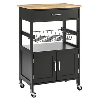 Black Rolling Kitchen Storage Trolley with Drawer & Basket