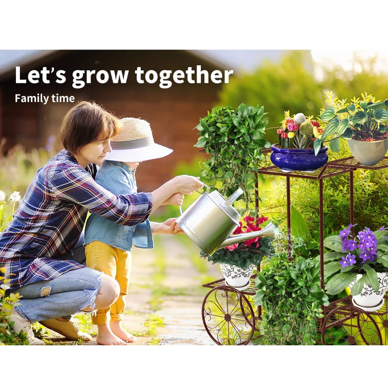 Plant Stand Outdoor Indoor Garden Decor Flower Pot Rack Iron 4 Wheeler
