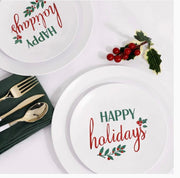 150pcs Plastic Party Dinnerware Set, Happy Holiday Plates，Plastic Plates with Christmas Design，Gold Cutlery with White handle，Supernal