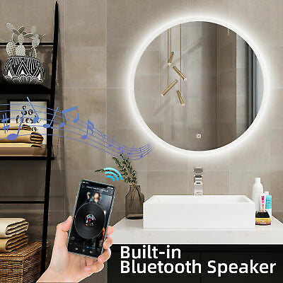 LED Round Bluetooth Mirror Bathroom Vanity Dimmable Circle Wall Mounted 
