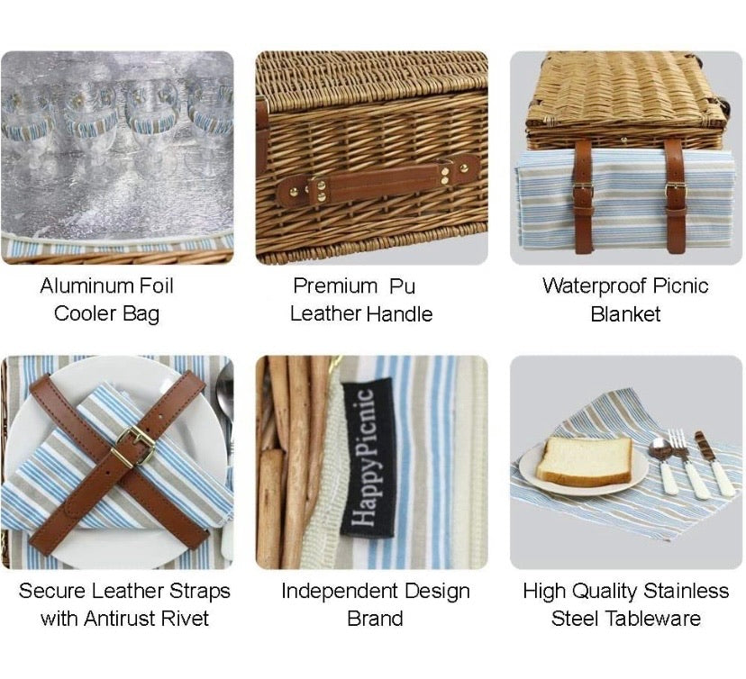 Picnic Basket Set for 4 Persons | Large Willow Hamper with Large Insulated Cooler Compartment, Free Waterproof Blanket and Cutlery Service Kit-Classical Brown