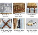 Picnic Basket Set for 4 Persons | Large Willow Hamper with Large Insulated Cooler Compartment, Free Waterproof Blanket and Cutlery Service Kit-Classical Brown