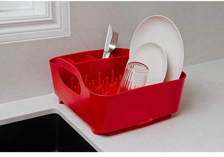 Umbra Tub Dish Drying Rack – Lightweight Self-Draining Dish Rack for Kitchen Sink and Counter at Home, RV or Motorhome, Red Kitchen