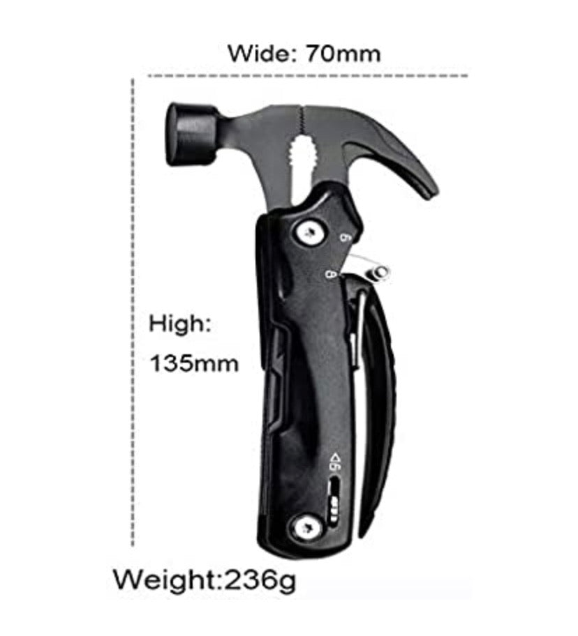 Black Stainless Steel Portable Multipurpose Pocket Size Tool with Anodized Aluminium Handle 7 Functions in 1 with Easy Carry Nylon Pouch for Outdoor Camping Household Car Emergency with Safe Locking