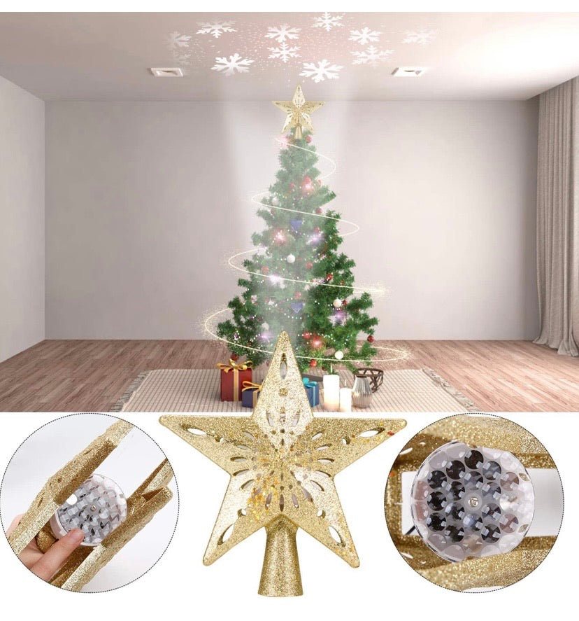 Christmas Tree Topper Lighted Star [Gold],3D Hollow Sparkling Star Christmas Tree Topper with Rotating Magic Cool White Snowflake Projector for Christmas Tree Ornament (Gold)