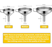 Funnels For Kitchen | 3pc Stainless Steel Kitchen Funnel Set Plus Detachable Strainer | Great for Transferring of Liquid and Dry Ingredients | Durable and Dishwasher Safe | Premium 304 Stainless Steel - Thick and Strong - Will Not Rust