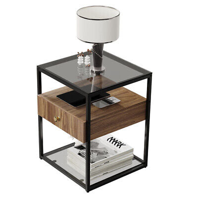 Modern Glass Bedside Table with Drawer & Lower Shelf