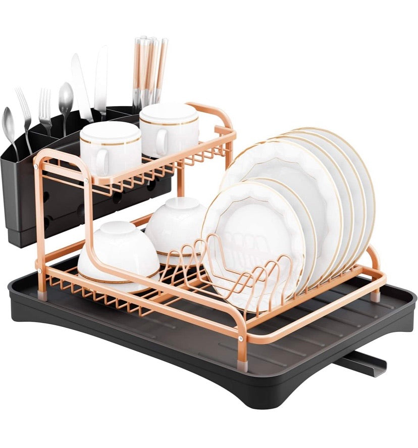 Dish Drying Rack, Aluminium Rust Proof Dish Rack and Drainboard Set with Removable Cutlery Holder and 360 Swivel Spout Drain Board for Kitchen Counter (Rose Gold, 2 Tier)