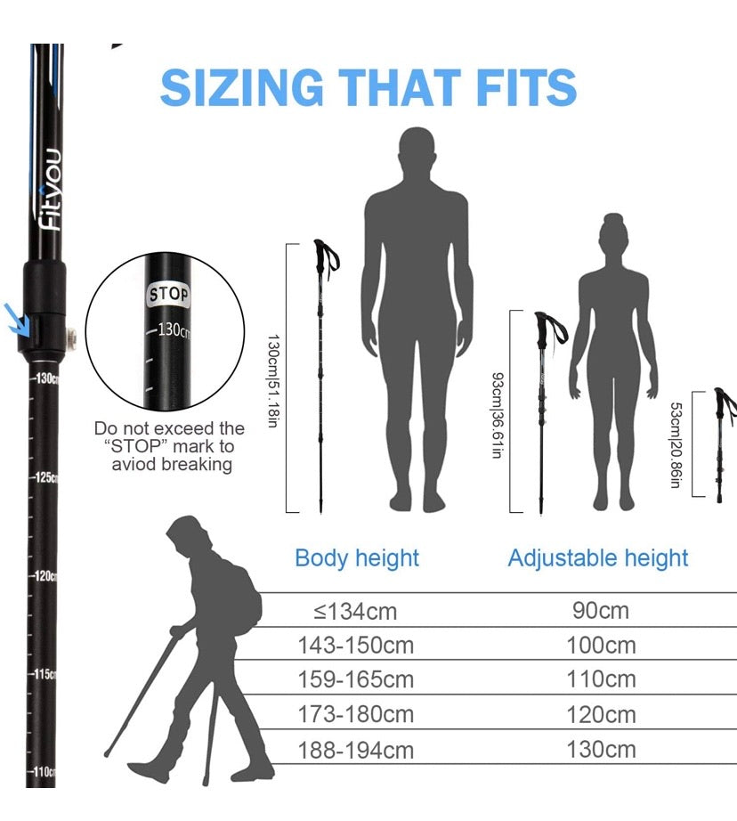 Walking Trekking Poles - 2 Pack Aluminum Metal Stick with Antishock and Quick Lock System, Adjustable, Ultralight for Hiking, Camping, Mountaining, Backpacking, Walking, Ergonomic Grip