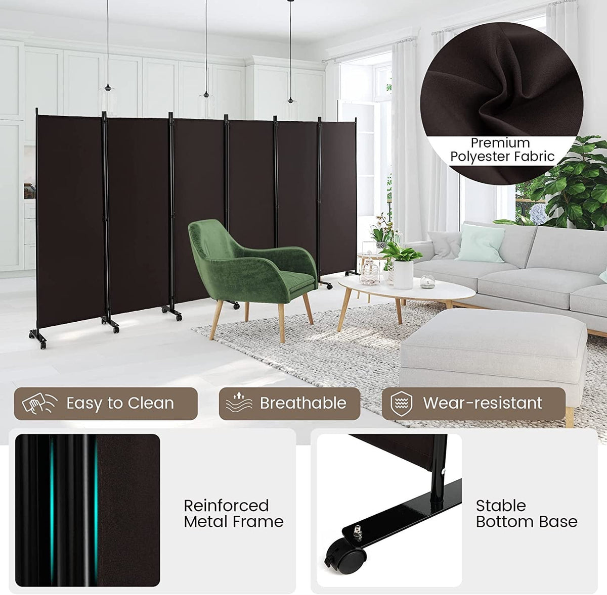 334.5 × 172 cm 6-Panel Rolling Room Divider – 4 Colours