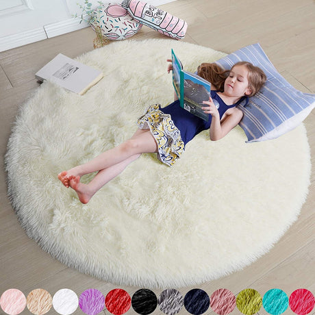 Round Rug for Bedroom, Fluffy Circle Rug 5'X5' for Kids Room,Furry Carpet for Teen Room,Shaggy Circular Rug for Nursery Room,Fuzzy Plush Rug for Dorm,Cute Room Decor for Baby