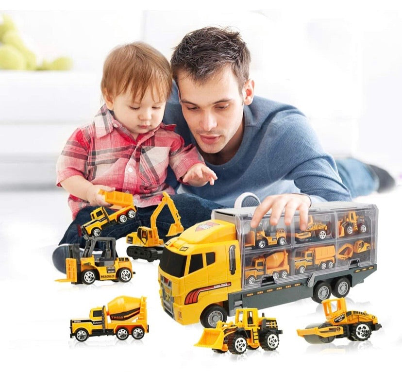 Coolplay 11 in 1 Die-cast Construction Vehicle Mini Engineering Truck Toy Set in Carrier Truck Play set for Boys, Mini Dumper, Bulldozers, Forklift, Tank Truck, Asphalt Car and Excavator for Kids