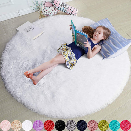 Round Rug for Bedroom, Fluffy Circle Rug 5'X5' for Kids Room,Furry Carpet for Teen Room,Shaggy Circular Rug for Nursery Room,Fuzzy Plush Rug for Dorm,Cute Room Decor for Baby