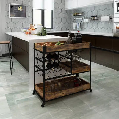 3-Tier Industrial Bar Cart with Wine & Glass Racks