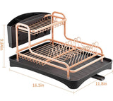Dish Drying Rack, Aluminium Rust Proof Dish Rack and Drainboard Set with Removable Cutlery Holder and 360 Swivel Spout Drain Board for Kitchen Counter (Rose Gold, 2 Tier)
