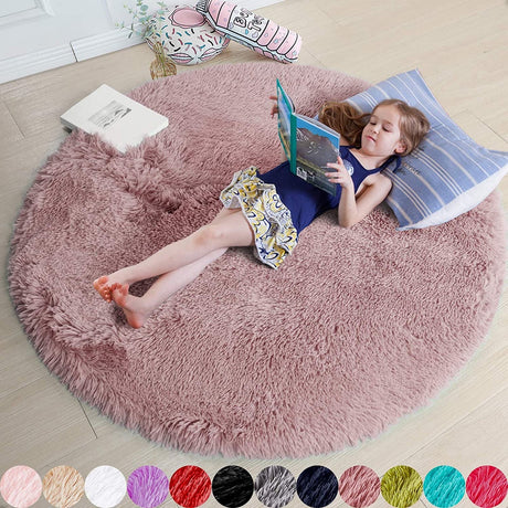 Round Rug for Bedroom, Fluffy Circle Rug 5'X5' for Kids Room,Furry Carpet for Teen Room,Shaggy Circular Rug for Nursery Room,Fuzzy Plush Rug for Dorm,Cute Room Decor for Baby