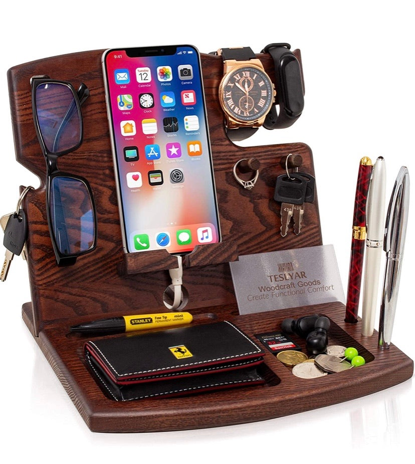 Wood Phone Docking Station Natural Ash Hooks Key Holder Wallet Watch Stand Watch Organizer Men Gift Husband Wife Anniversary Dad Birthday Nightstand Father Graduation Male Travel Idea Gadgets Solid