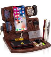 Wood Phone Docking Station Natural Ash Hooks Key Holder Wallet Watch Stand Watch Organizer Men Gift Husband Wife Anniversary Dad Birthday Nightstand Father Graduation Male Travel Idea Gadgets Solid