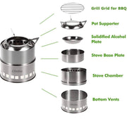 Camping Stove Backpacking Burner Stove - Potable Stainless Steel Wood Burning Stove Picnic BBQ Camping Cooker with Grill Grid
