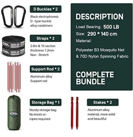 ETROL Hammock, Upgrade Double & Single Camping Hammock with Mosquito Net, Tree Straps, Hook, 3 in 1 Function Design Aluminium Parachute Portable Hammocks for Indoor, Outdoor, Hiking, Patio, Travel