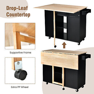 Black Drop-Leaf Rolling Kitchen Island with Cabinet
