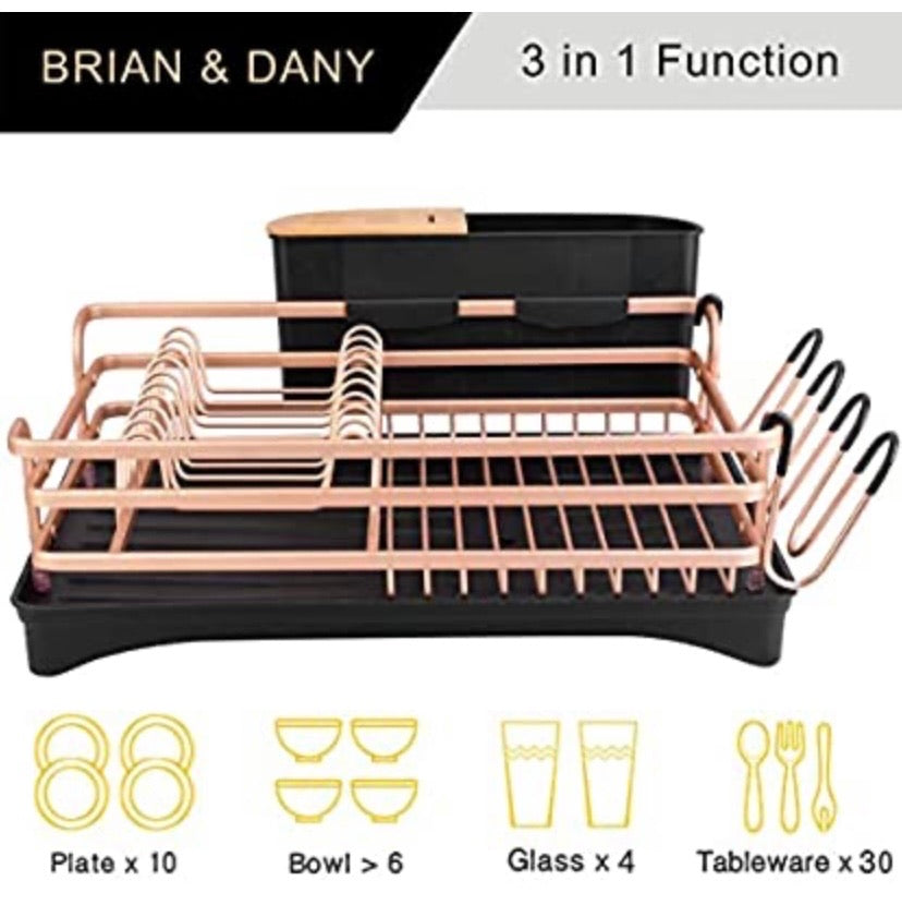 Aluminium Dish Drying Rack, Never Rust Dish Rack with Removable Cutlery Holder &amp;Cup Holder (Rose Gold)