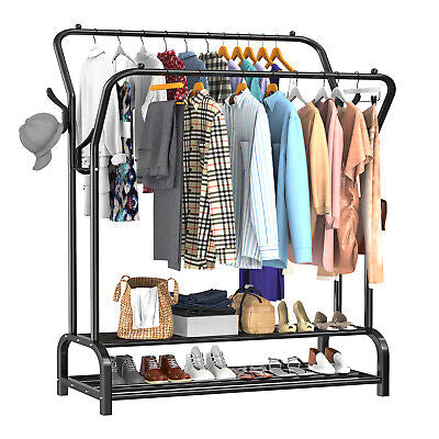 LOEFME Double-Rail Metal Garment Rack with Shoe Shelf