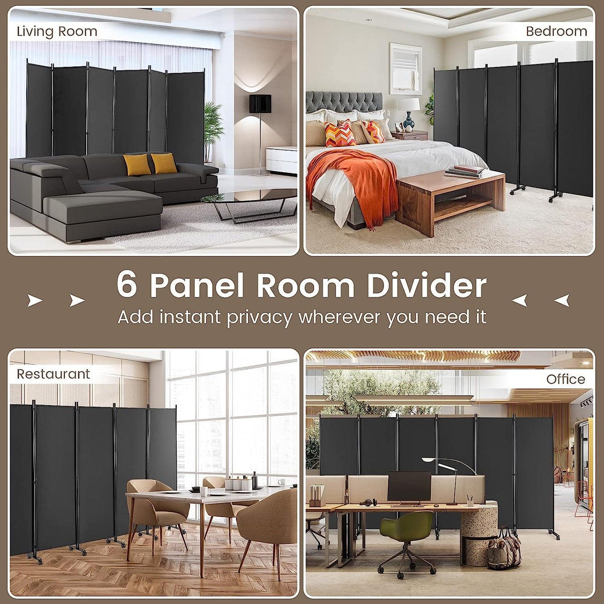 334.5 × 172 cm 6-Panel Rolling Room Divider – 4 Colours