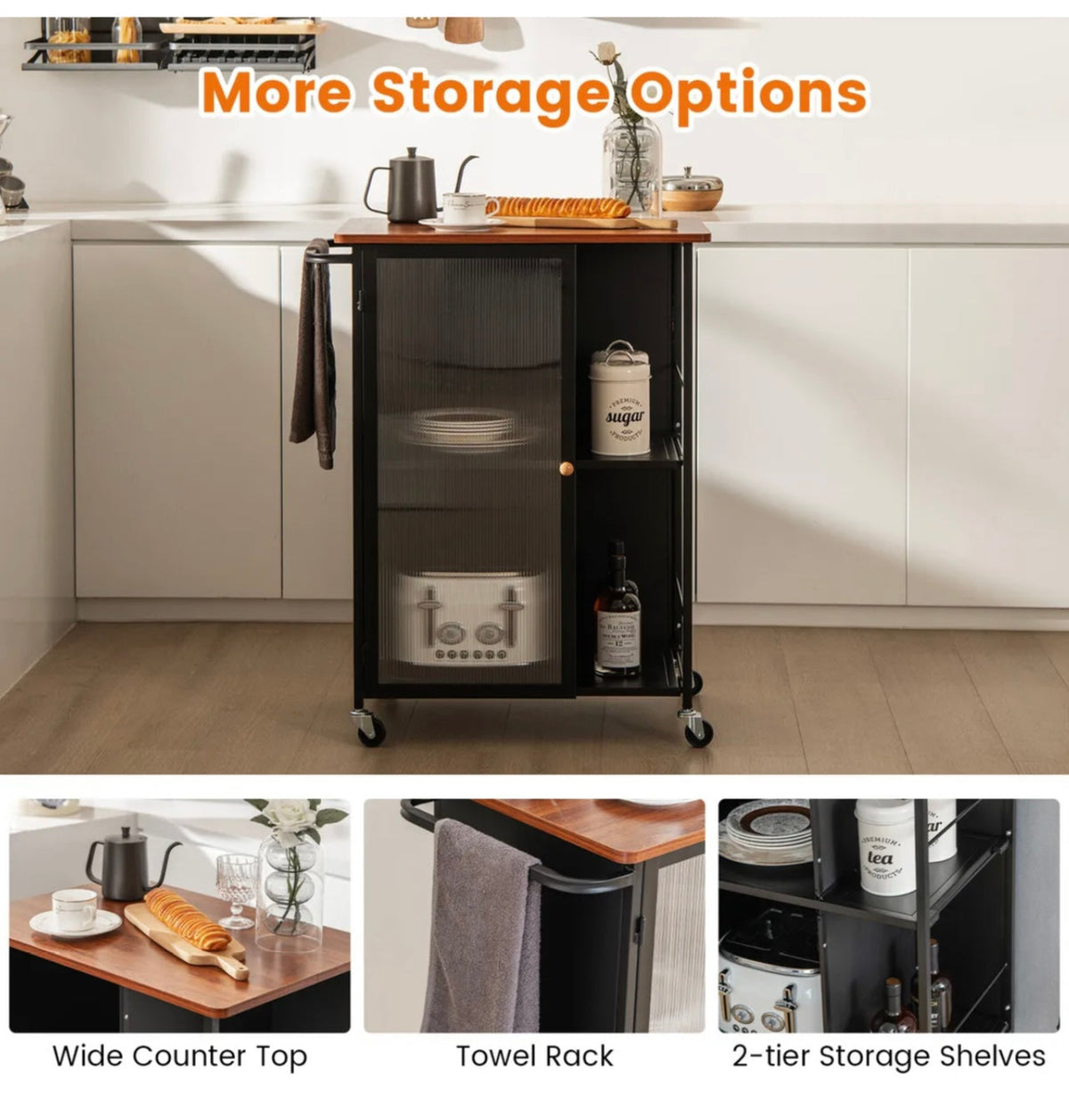 Rolling Kitchen & Coffee Cart with Cabinet