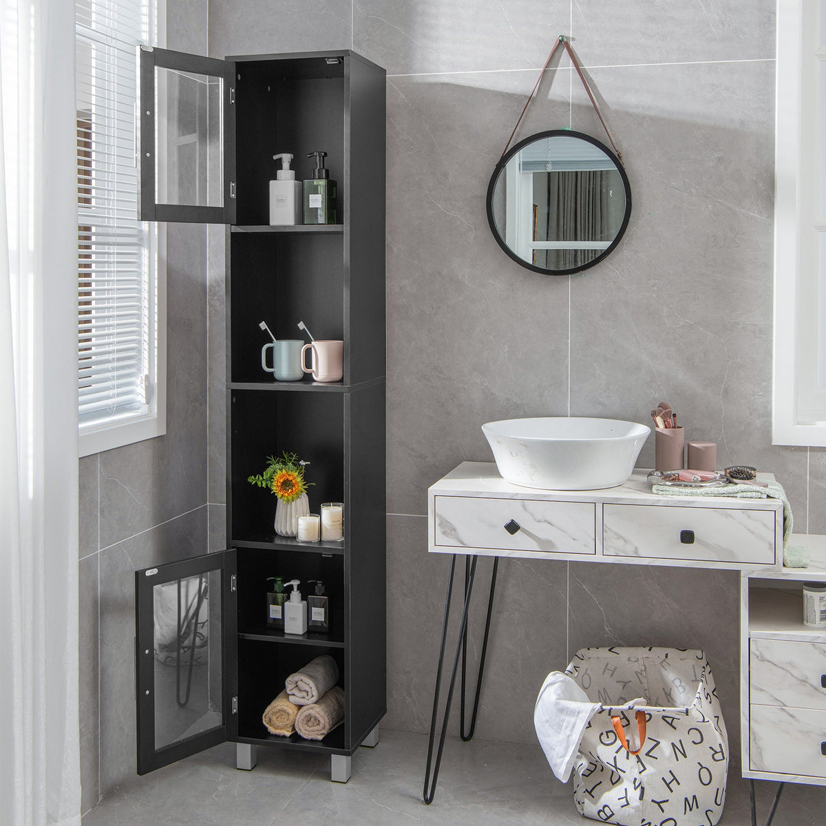 180 cm Five-Tier Tall Storage Cabinet with Glass Doors