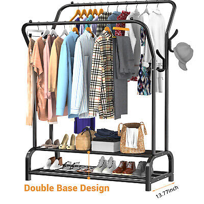 LOEFME Double-Rail Metal Garment Rack with Shoe Shelf