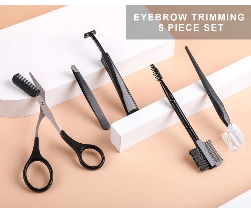 5-Piece Eyebrow Grooming Set with Razors, Tweezers, Scissors & Brush