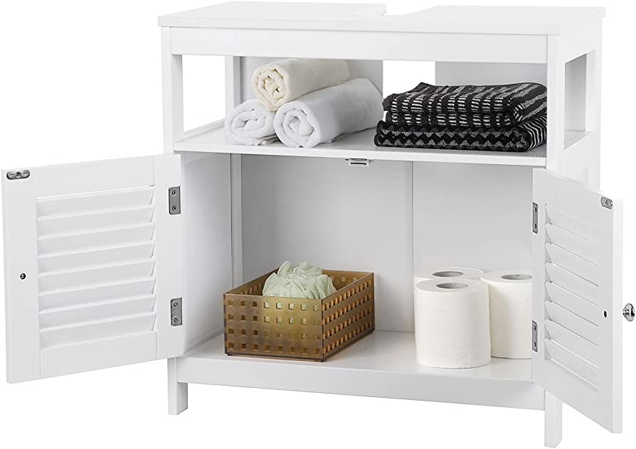 Vanity Unit Without Sink Lots of Storage Space Bathroom Cabinet with Slat Doors 2 White, MDF Panels, with Open Compartment, 60 x 30 x 60 cm