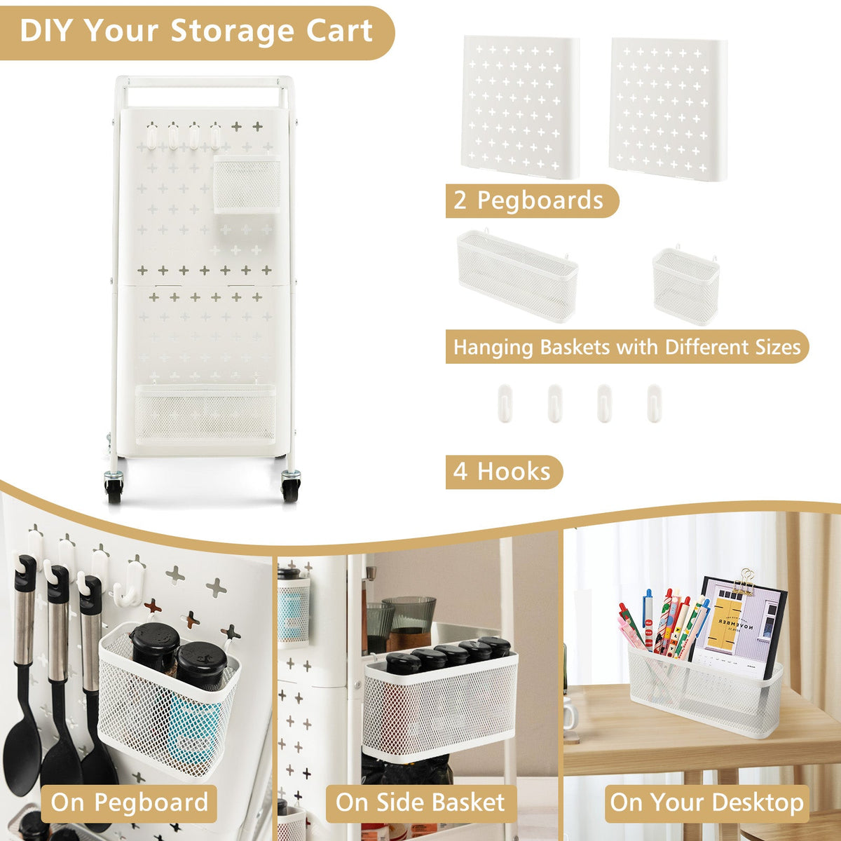 3-Tier Pegboard Rolling Storage Cart