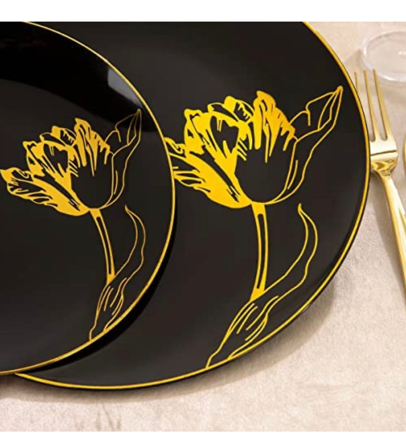 175PCS Black Plastic Plates & Gold Plastic Silverware