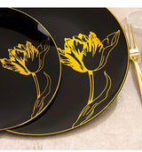 175PCS Black Plastic Plates & Gold Plastic Silverware