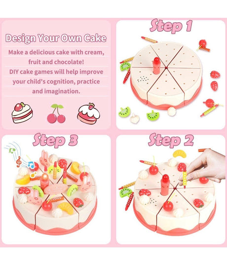 Pretend Play Food for Kids, DIY 82PCS Decorating and Cutting Birthday Party Cake, Tea Set,Candle,Fruits,Biscuits,Desserts,Educational Kitchen Toy with Lights&Sounds for Children,Girls&Boys,Aged 3+