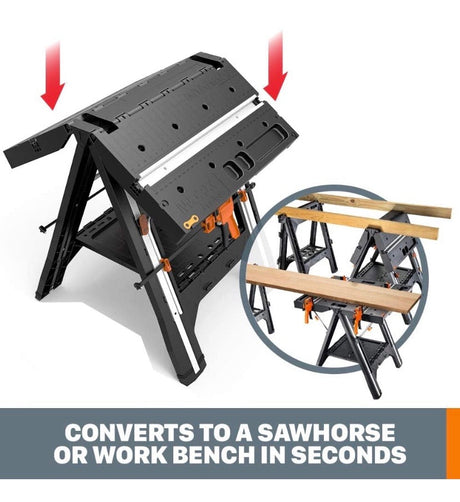 Multi-Function Work Table and Sawhorse with Quick Clamps and Pegs
