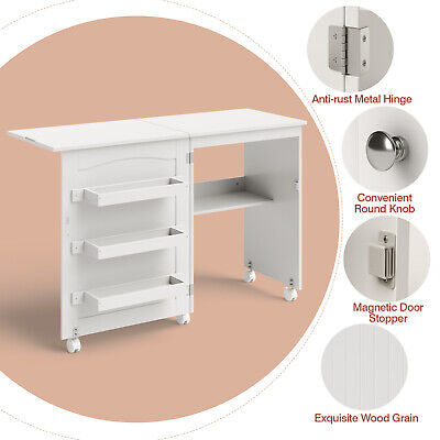 White Folding Sewing Craft Table Shelves Storage Cabinet Home Furniture W/Wheels