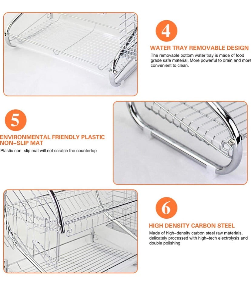 Dish Drying Rack Kitchen-2-Tier Cutlery Metal Draining Dish Drying Rack, with Drain Board