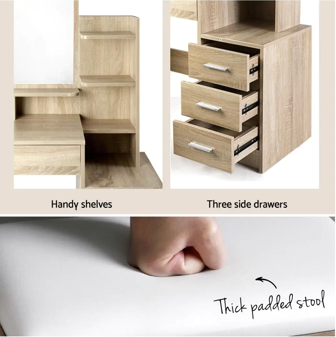 Dressing Table Mirror Stool Set Vanity Storage Desk Oak