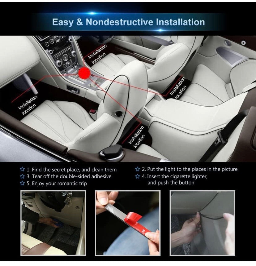 Car LED Strip Lights, 4pcs 48 LED Bluetooth App Controller Interior Lights Multi Color Music Car Strip Light Under Dash Lighting Kit with Sound Active Function for iPhone Android Smart Phone