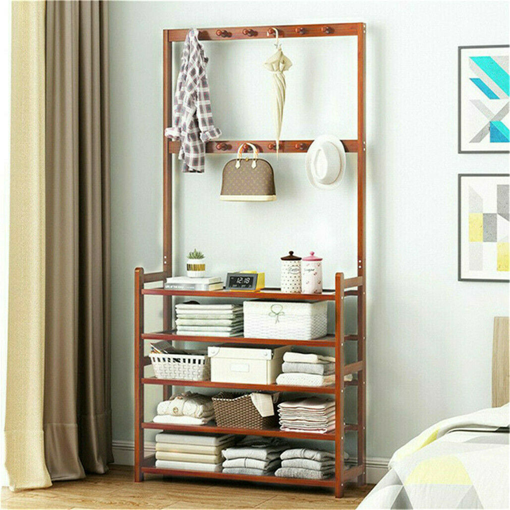 5-Tier Bamboo & MDF Hall Tree with 8 Hooks – 12–14 Pairs