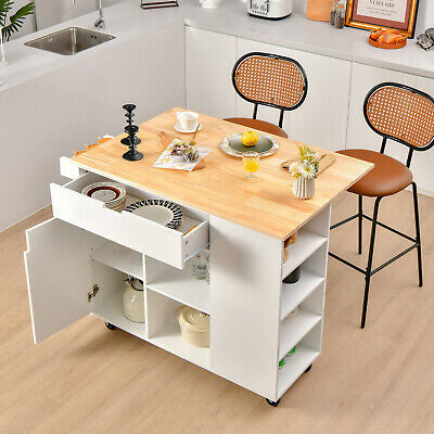 Drop-Leaf Rolling Kitchen Island with Cabinet & Drawer