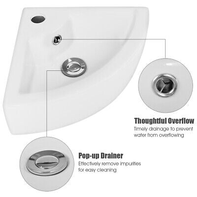 White Corner Ceramic Countertop Basin with Pop-Up Waste